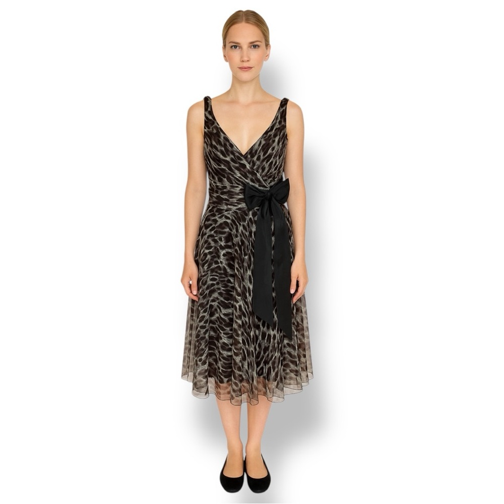 Simon Chang Dress Leopard Print Sheer Cocktail Party Midi Pin Up Bow Sheer Siz 8